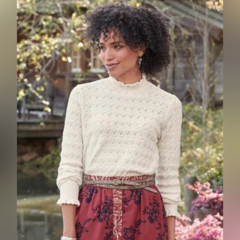 Sundance | White Pointelle Knit Ruffle Frances Lightweight Sweater. S - Med
